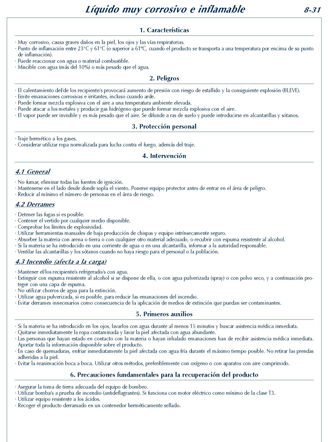 331 FICHA 8-31 LIQUIDO MUY CORROSIVO INFLAMABLE FICHAS EMERGENCIA